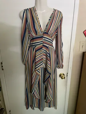 Penelope Asymmetric Stripe Long Sleeve Linen and Silk Shirtdress, featuring a V-neckline thumbnail 2