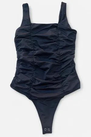 Black one piece top with ruched detailing thumbnail 1
