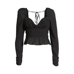 Free People Medium Top Chloe Long Sleeve‎ Smocked Black Regency Romantic 1296 thumbnail 2