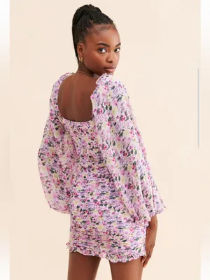 ASTR The Label Floral Ruched Puff Sleeve Mini Dress Purple Sz L Fairy Whimsical thumbnail 2