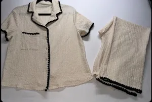 Unbranded Pajama Set Medium Cream‎ Black Trim Seersucker Loungewear thumbnail 1