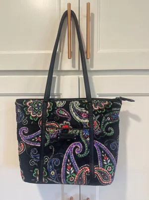 Vera Bradley Kiev Quilted Cotton Paisley Tote Bag Black Multicolor Shoulder Bag thumbnail 1