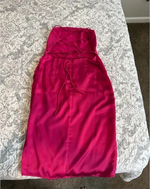 Lulus Always Luminous Magenta Satin Ruched Lace-up Dress thumbnail 4