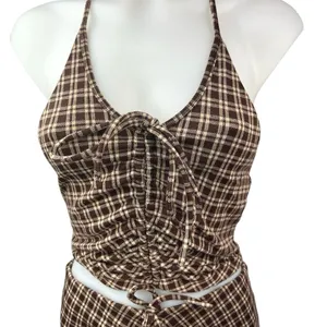 Princess Polly Brown Plaid Checkered Halter Crop Top & Bell Bottom Pants Set 0 thumbnail 3