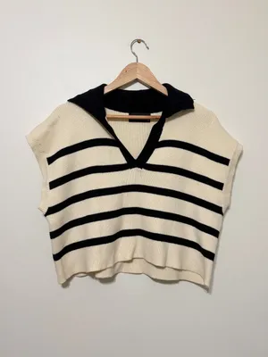 Cider Knit Striped Polo Vest Size XL Sweater Cream Black thumbnail 2