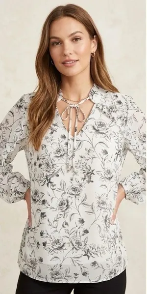 Calvin Klein Women’s Long Sleeve Floral Pattern Tie-Neck Blouse Size Medium thumbnail 1