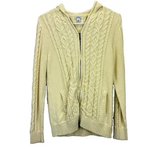 LL Bean Yellow Double L Mixed Cable Full Zip Hoodie Pockets Cotton Sweater SMALL thumbnail 3