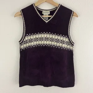 WHITE STAG Vintage 90s Dark Purple Fair Isle Soft V Neck Sleeveless Sweater Vest thumbnail 1