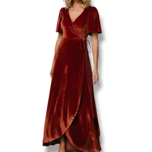 Baltic Born Katelyn Velvet Maxi Wrap Dress Cinnamon Rust XS Short Sleeve Gown thumbnail 11