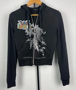 Express Black Y2K 2000s‎ Graphic Print Full Zip Cropped Hoodie Sweater thumbnail 1