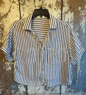 Love Notes Women's cotton gauze button down blouse, size Large brown stripes thumbnail 1