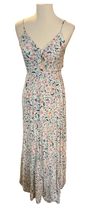 King & Iren Grey Floral Tiered Maxi Dress Small - Tie Front Cutout Cottagecore thumbnail 1