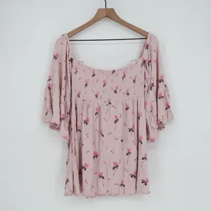 Free People Pink Floral Smocked Square Neck Bell Sleeve Blouse‎ Top M thumbnail 5