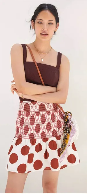 Anthropologie Maeve Smocked Polka Dot‎ Mini Skirt Red/Ivory Size Small thumbnail 1