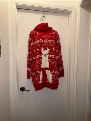 Cozy Christmas Red Cowl Neck Llama Knit Sweater Dress size L new thumbnail 2