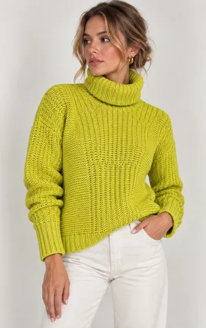 Banana Republic Women’s Chunky Knit Turtleneck Sweater M Chartreuse Merino Wool thumbnail 1