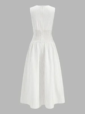 Commense Cotton Blend Striped Ruched Maxi Dress White XS NWT Pockets thumbnail 3