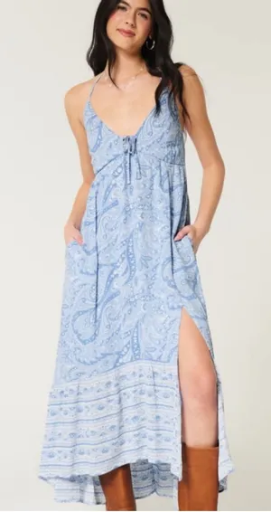 Hollister Blue Paisley Asymmetrical Halter Maxi Dress thumbnail 1