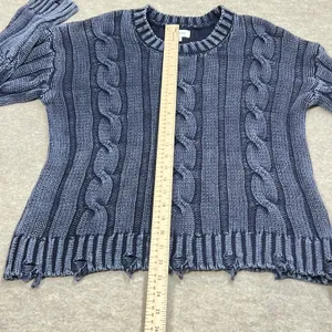 Evereve Distressed Cable Knit Cotton Sweater Navy Blue Sz M‎ EUC Fisherman thumbnail 6
