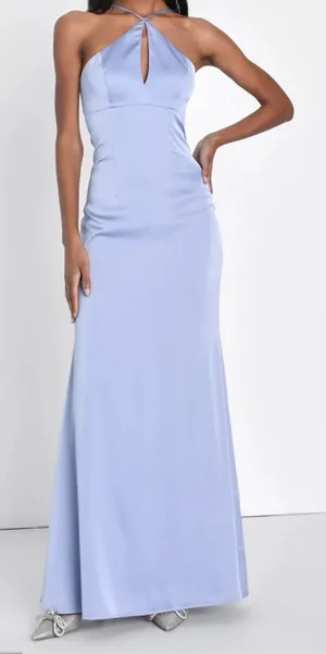 NWT LULU’S Lustrous Love Dusty Blue Satin Halter Cutout Mermaid Maxi Dress Large thumbnail 1