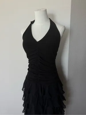 Betsy & Adam Y2K Whimsigoth Black Halter Ruffle Cascade Mini Dress Sz 12 thumbnail 2