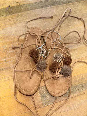 Universal Thread Brown Pom-Pom Lace-Up Sandals thumbnail 1