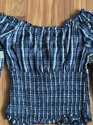 Kimchi Blue Marley Plaid Smocked Off Shoulder Blouse - Navy Blue Size S thumbnail 7