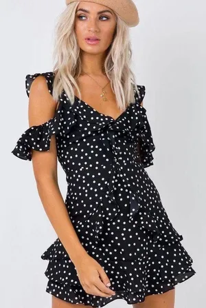 Princess Polly Black And White Polka Dot Mini Dress thumbnail 1