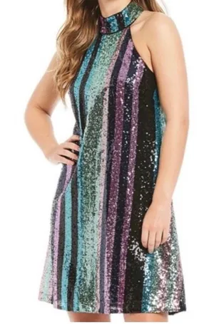 Belle Badgley Mischka Heather Rainbow Sequin Halter Mini Dress size 2. thumbnail 1