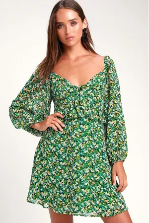 Lulus Forsythia Green Floral‎ Print Long Sleeve Tie-Front Women's Dress Large thumbnail 1