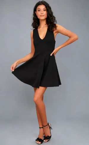Lulus Going Steady Black Backless Skater Dress Low V-Neck Mini Sleeveless Size L thumbnail 1