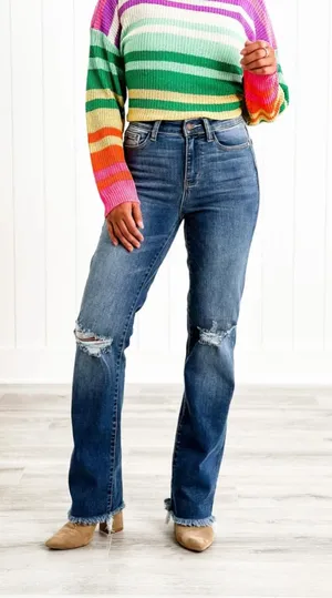 Judy Blue High Rise Medium Wash Destroyed Knee & Frayed Hem Straight Leg‎ Jeans thumbnail 1