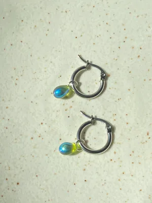 Handmade aurora olive green mini teardrop Czech glass simple minimalist hoop earrings💚🫒💕 thumbnail 6