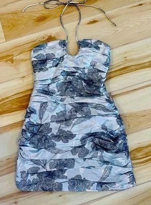 ZARA METALLIC DRAPED HALTER MINI DRESS SILVER W/ Black Floral Zipper Size Small thumbnail 1
