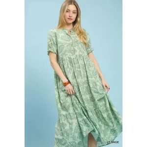 Umgee Paisley Print Tiered Midi Dress - Sage - Medium thumbnail 2