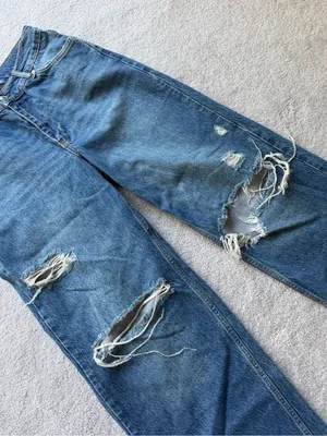 Free People Distressed Straight-Leg Blue Jeans thumbnail 3