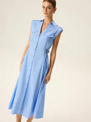 Commence Linen & Cotton V-Neck Midi Dress with Metal Button small thumbnail 2