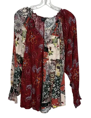 GiGiO USA Patchwork Maroon Floral Relaxed Fit Blouse Top Large L Button Front thumbnail 1