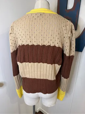 Calligraphie V-Neck Striped Knit Cardigan brown stripes with Yellow Trim Sz L thumbnail 3