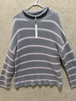 Cozy Striped knit sweater Caslon pink grey large cotton blend soft girl FLAWS thumbnail 1