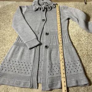Dark Academia Coquette Wool Blend Ruffle Neck‎ Long Cardigan Women M Grey Knit thumbnail 2