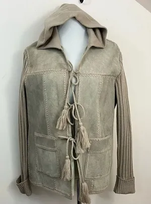 Vintage 70’s Duo Wear Leather Cow Hide Hooded Jacket Tan L thumbnail 1