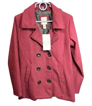 Womens Pea Coat Double Breasted‎ Jacket Collared Wool Blend Outerwear Red Size M thumbnail 1