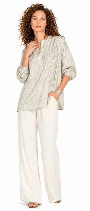 Johnny Was Calme Post Yoga Pullover Blouse BOHO Cream Cheetah Stripe Sz Small thumbnail 1