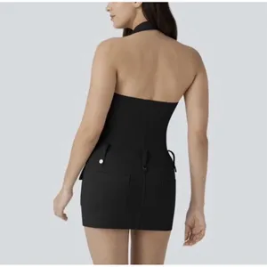 Halara Women's XS Black Halter Neck Sleeveless Mini Dress Zip Front Pockets thumbnail 2
