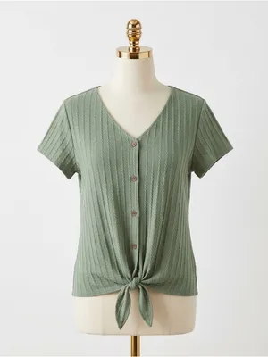Weatherproof Vintage Ribbed Tie Front Blouse Henley Boho Knit Short Sleeve Top thumbnail 1