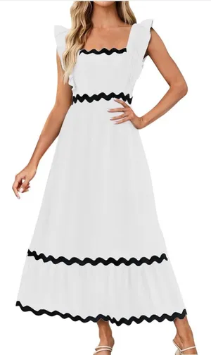 NEW White Flutter Sleeve Square Neck Rickrack Tiered Pockets Midi Lined Dress XL thumbnail 1