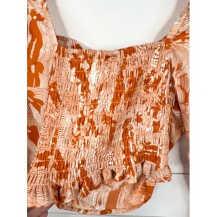 Open Edit Orange White Cowl Neck Long Sleeve Top XXS Smocked Back thumbnail 5
