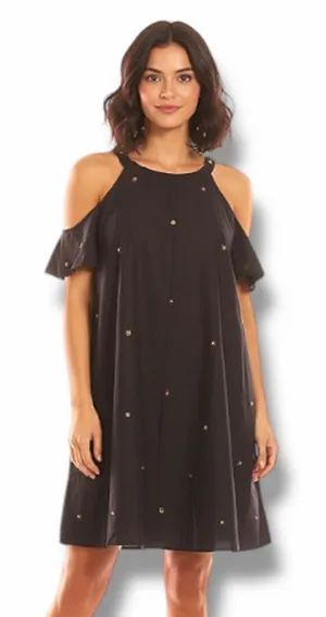 Zara navy blue cold shoulder poplin dress beaded detail XS thumbnail 1