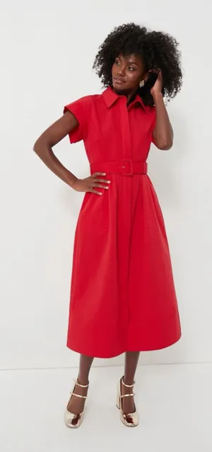 New Tuckernuck Red Chloe Midi Dress XS Belted Collared Moir Classic Elegant thumbnail 1